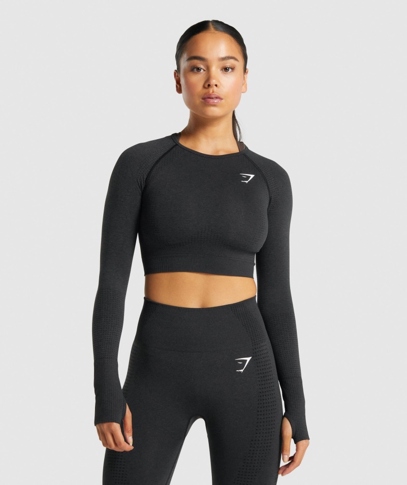 Gymshark Vital Bezšvový 2,0 Dlhý Rukáv Crop Top Black Marl