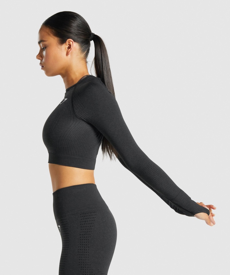 Gymshark Vital Bezšvový 2,0 Dlhý Rukáv Crop Top Black Marl