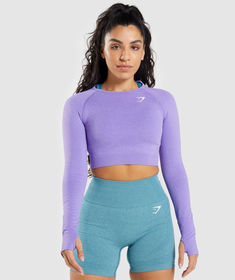 Gymshark Vital Bezšvový 2.0 Crop Top S Dlhým Rukávom Jasne Fialový Marl