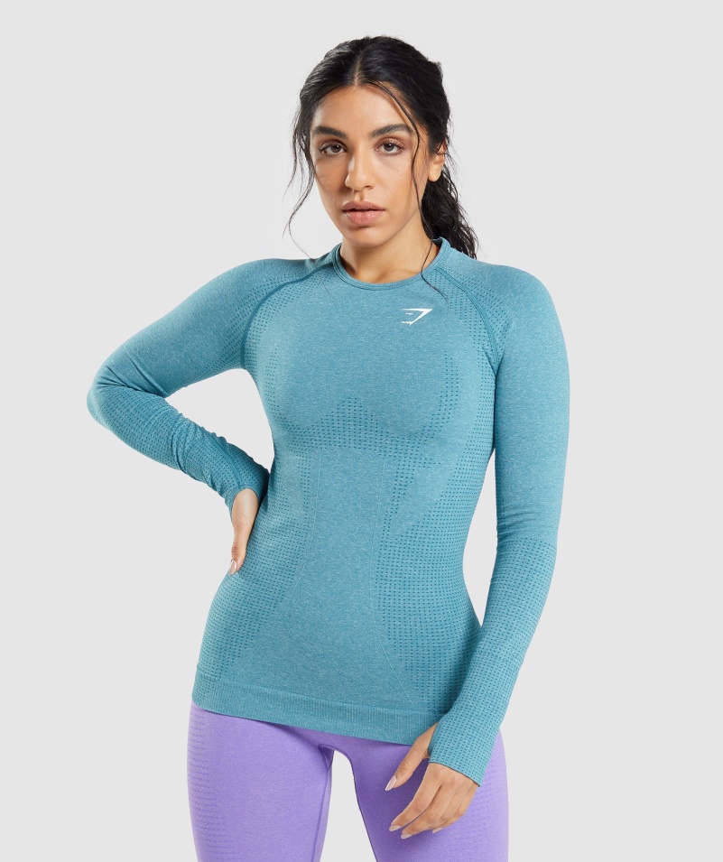 Gymshark Vital Bezšvový 2.0 Top S Dlhým Rukávom Tahoe Modrozelená