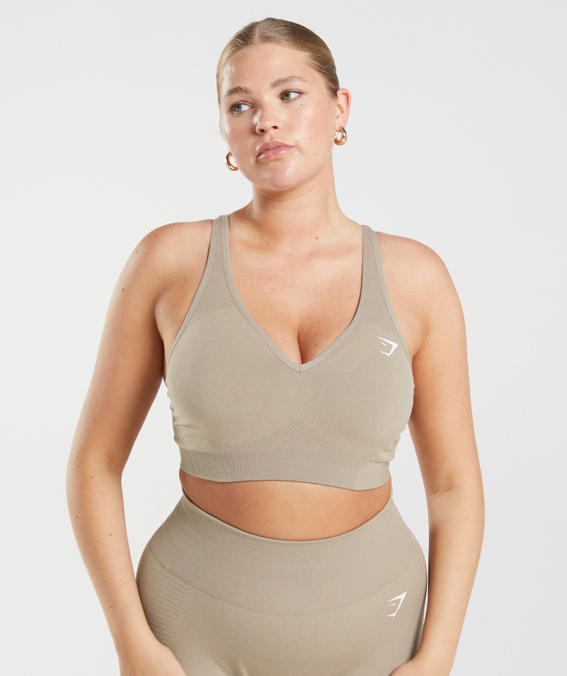 Gymshark Vital Bezšvová 2,0 V športová Podprsenka Vanilková Hnedá Marl