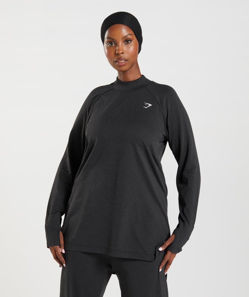 Gymshark Vitálny Bezšvový Dlhý Vlasec Top Black Marl