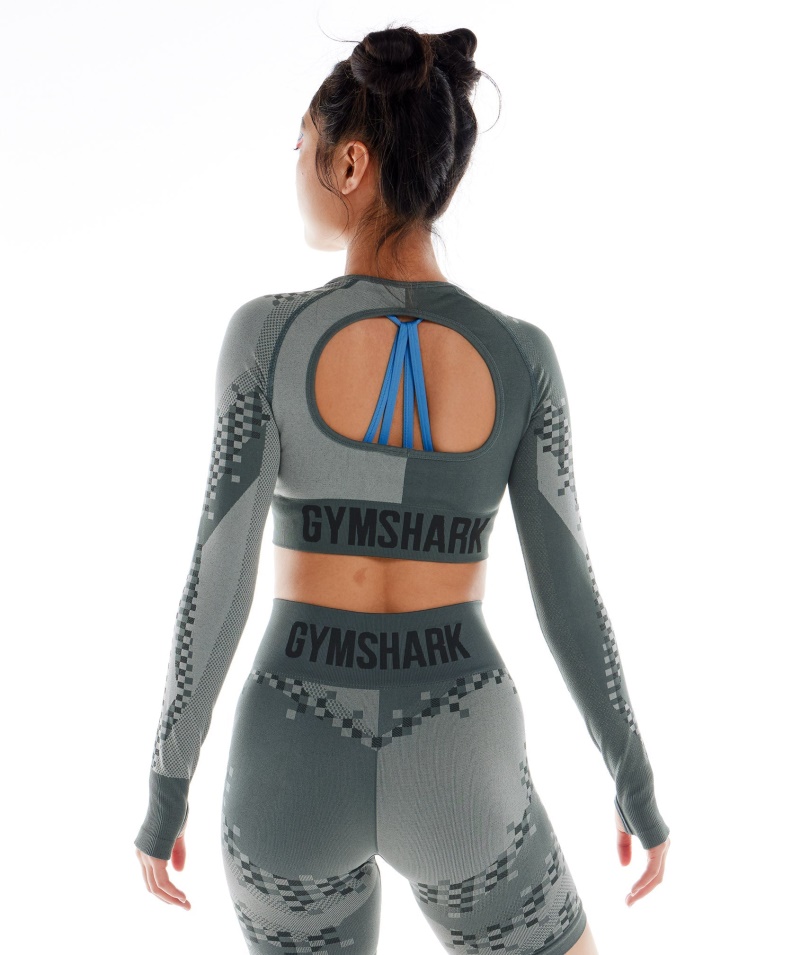 Gymshark Wtflex Cyborg Bezšvový Crop Top S Dlhým Rukávom Sivo-čierno-svetlosivý