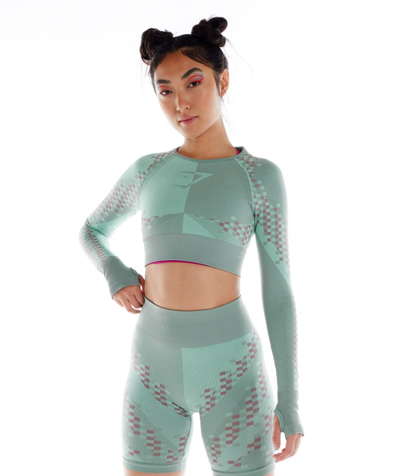 Gymshark Wtflex Cyborg Bezšvový Crop Top S Dlhým Rukávom Maya Blue-pink-turbo Blue