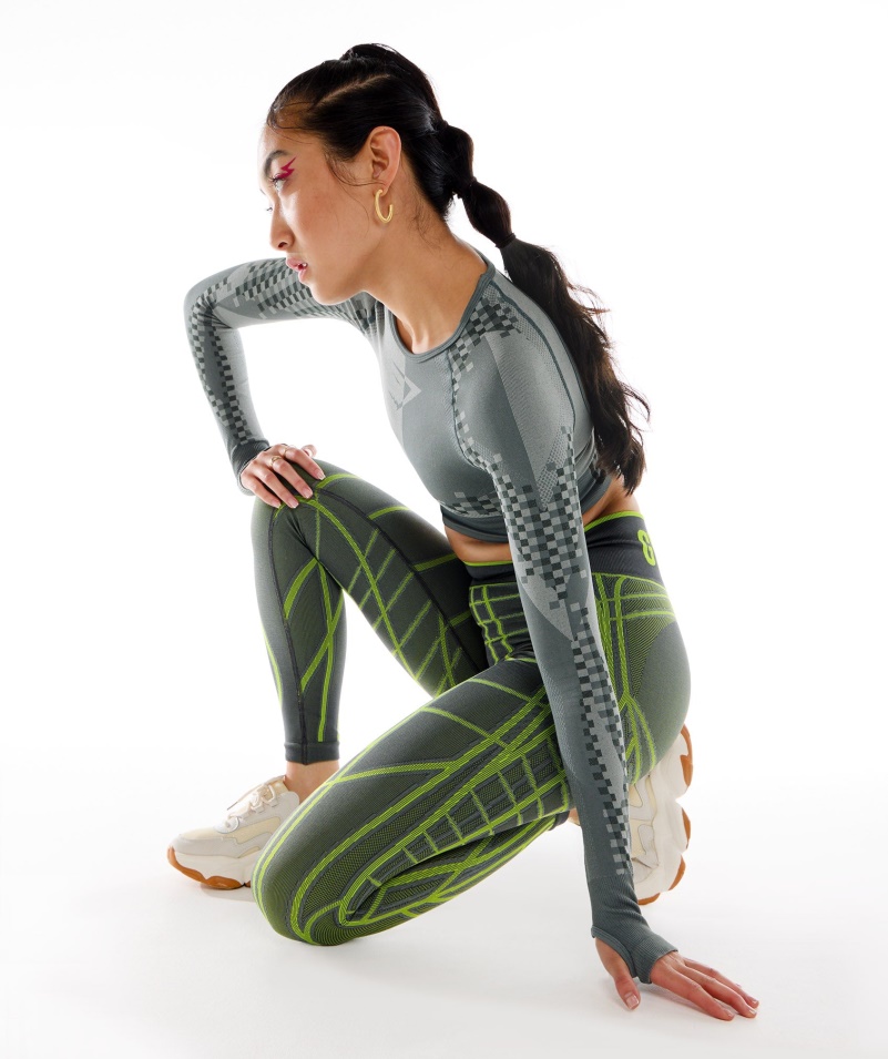 Gymshark Wtflex Lineárne Bezšvové Legíny šedo-fluo Zelená- Svetlošedá
