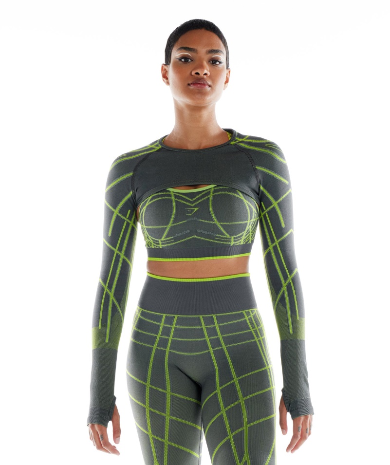 Gymshark Wtflex Lineárny Bezšvový Dlhý Rukáv Pokrčený Ramenami šedo-fluo Zelená-svetlosivá