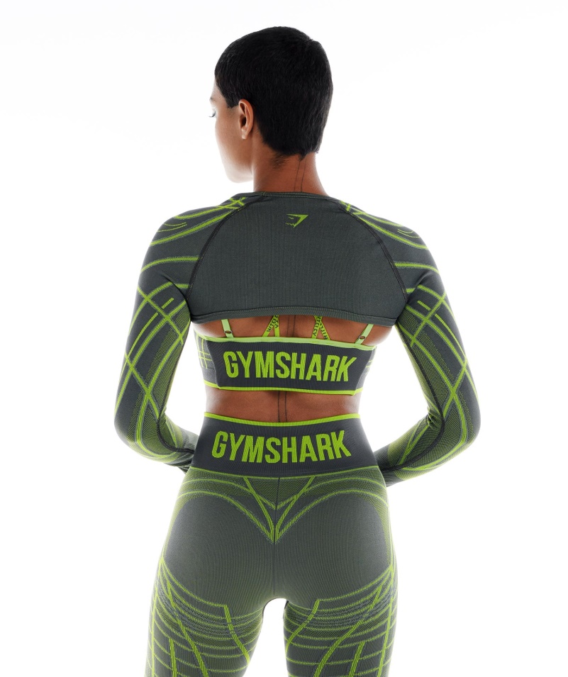 Gymshark Wtflex Lineárny Bezšvový Dlhý Rukáv Pokrčený Ramenami šedo-fluo Zelená-svetlosivá