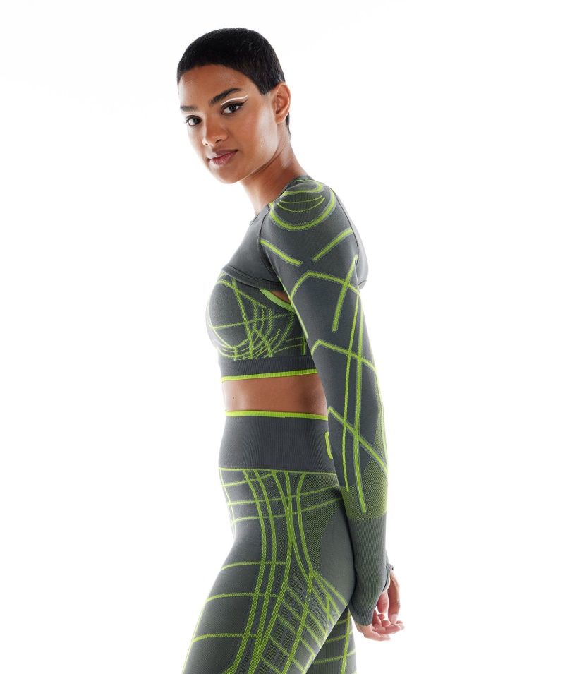 Gymshark Wtflex Lineárny Bezšvový Dlhý Rukáv Pokrčený Ramenami šedo-fluo Zelená-svetlosivá