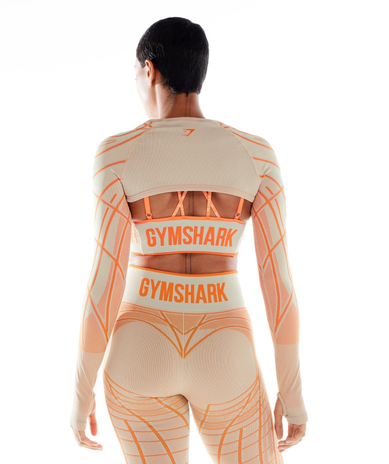 Gymshark Wtflex Lineárny Bezšvový Dlhý Rukáv Pokrčený Kamienkový Sivo-oranžovo-biely