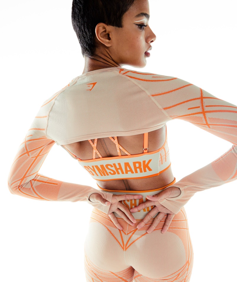 Gymshark Wtflex Lineárny Bezšvový Dlhý Rukáv Pokrčený Kamienkový Sivo-oranžovo-biely