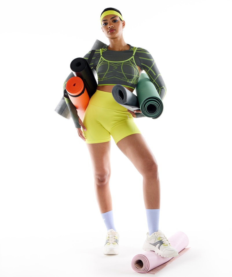 Gymshark Wtflex Lineárna Bezšvová športová Podprsenka Sivo-fluo Zelená-svetlosivá